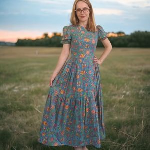 70s Vintage Folk Print Summer Maxi Dress XS